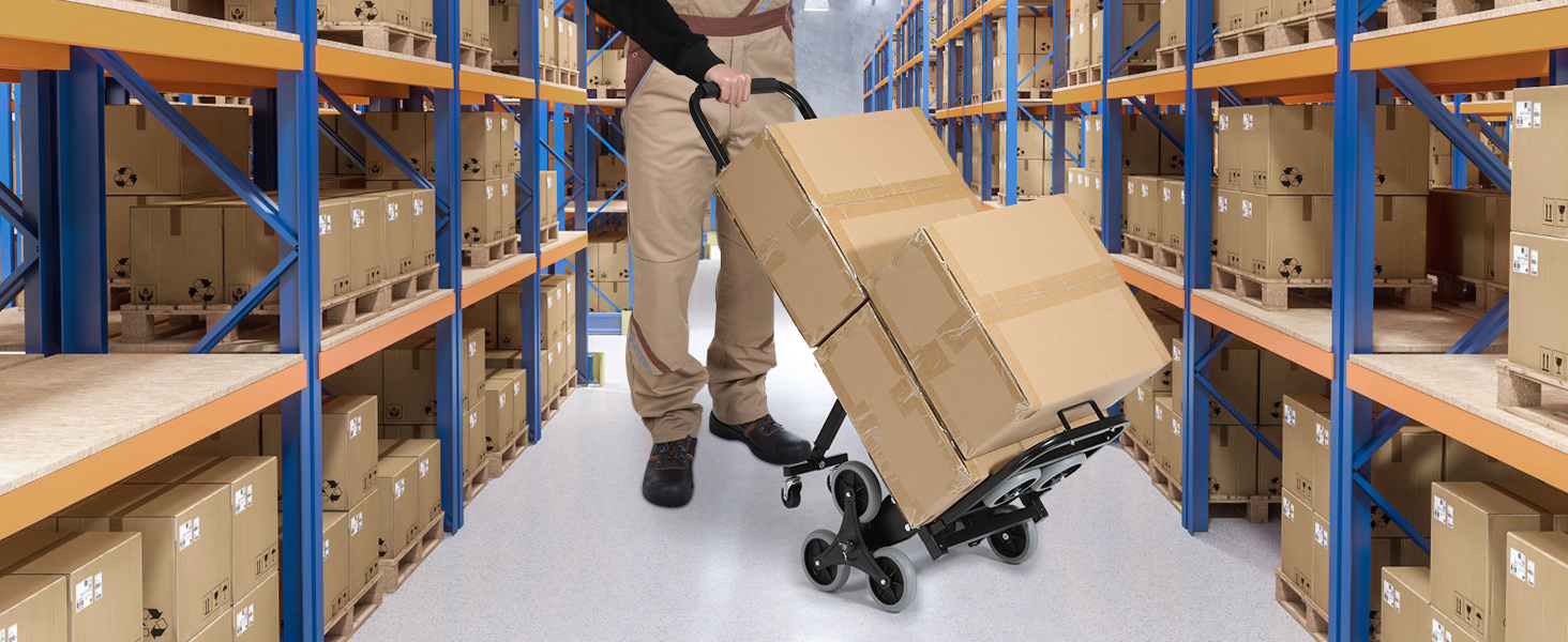 warehouse worker using VEVOR stair climbing hand truck to move cardboard boxes between shelves.