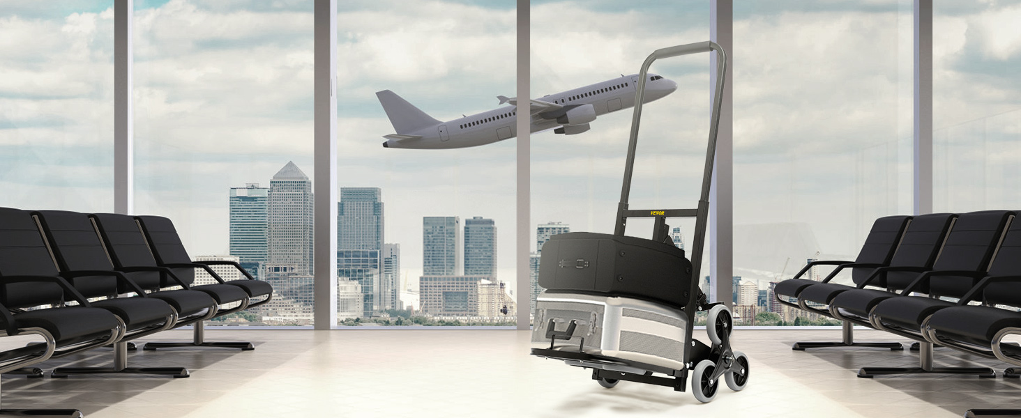 VEVOR stair climbing hand truck in an airport terminal with city skyscrapers and airplane in view.