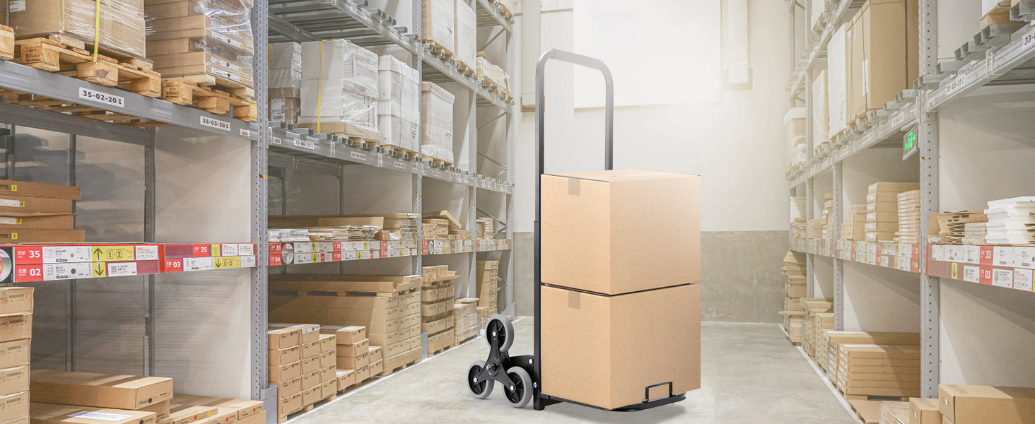 warehouse with VEVOR stair climbing hand truck moving large boxes amidst organized shelves.