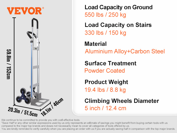 VEVOR stair climbing cart, aluminium alloy plus carbon steel, load capacity 550 lbs ground, 330 lbs stairs.