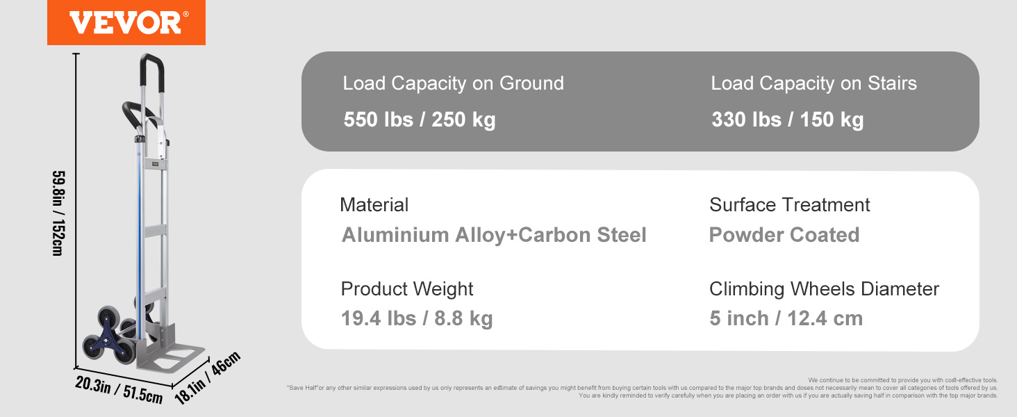 VEVOR stair climbing cart, aluminium alloy plus carbon steel, load capacity 550 lbs ground, 330 lbs stairs.