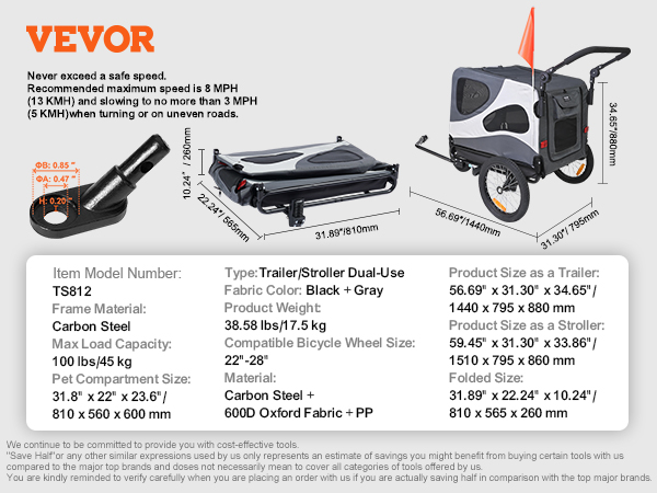 VEVOR dog bike trailer, black and gray, carbon steel frame, max load 100 lbs, folded dimensions shown.