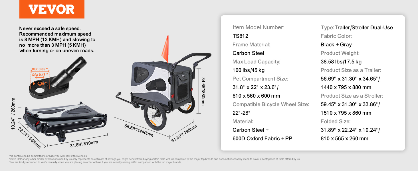 VEVOR dog bike trailer, black and gray, carbon steel frame, max load 100 lbs, folded dimensions shown.