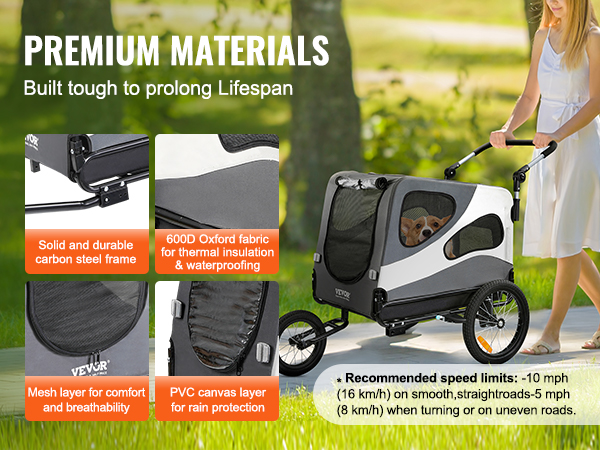 woman pushing the VEVOR dog bike trailer with durable carbon steel frame, mesh windows, and pvc cover.