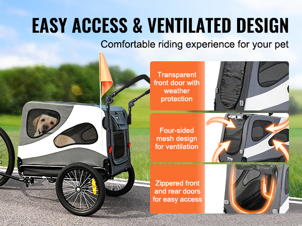 VEVOR dog bike trailer with ventilated mesh windows, easy access doors, and comfortable riding experience.