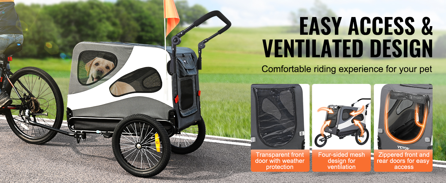 VEVOR dog bike trailer with ventilated mesh windows, easy access doors, and comfortable riding experience.