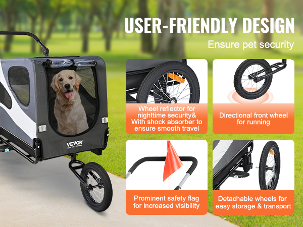 VEVOR dog bike trailer featuring a happy dog inside, directional front wheel, safety flag, and detachable wheels.