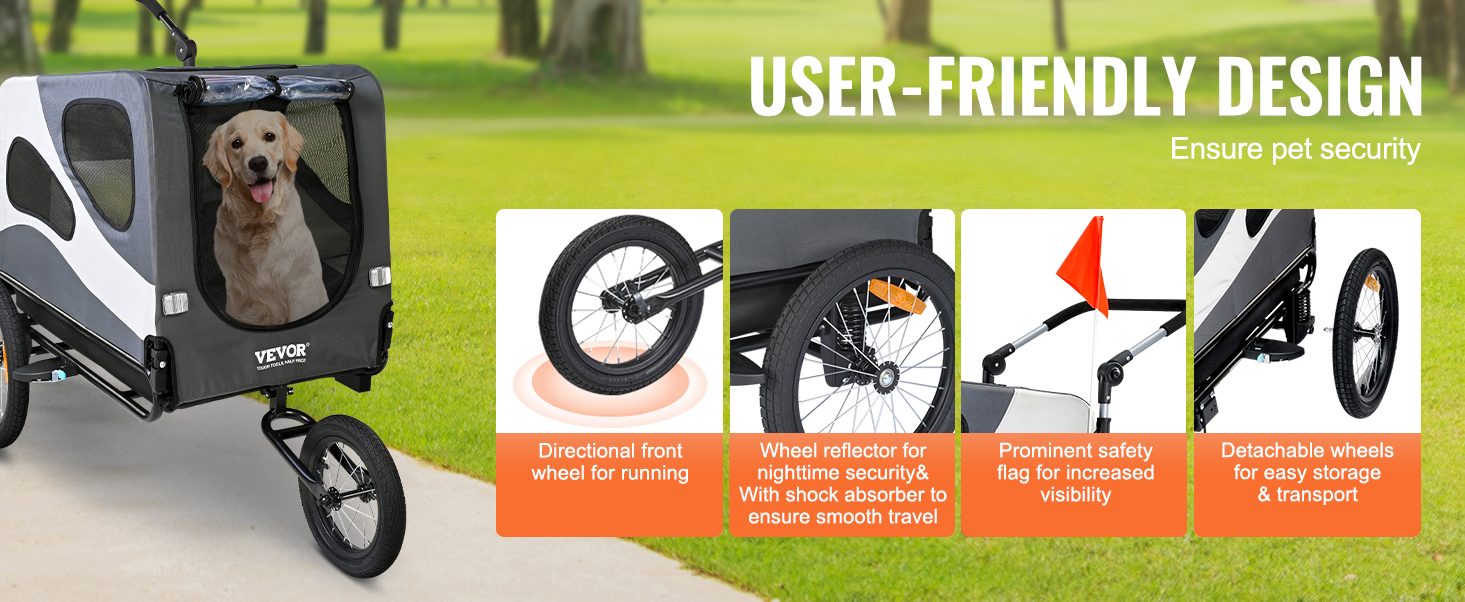 VEVOR dog bike trailer featuring a happy dog inside, directional front wheel, safety flag, and detachable wheels.