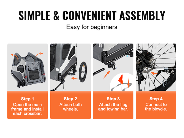 simple assembly steps for the VEVOR dog bike trailer, easy attachment and connection to the bicycle.