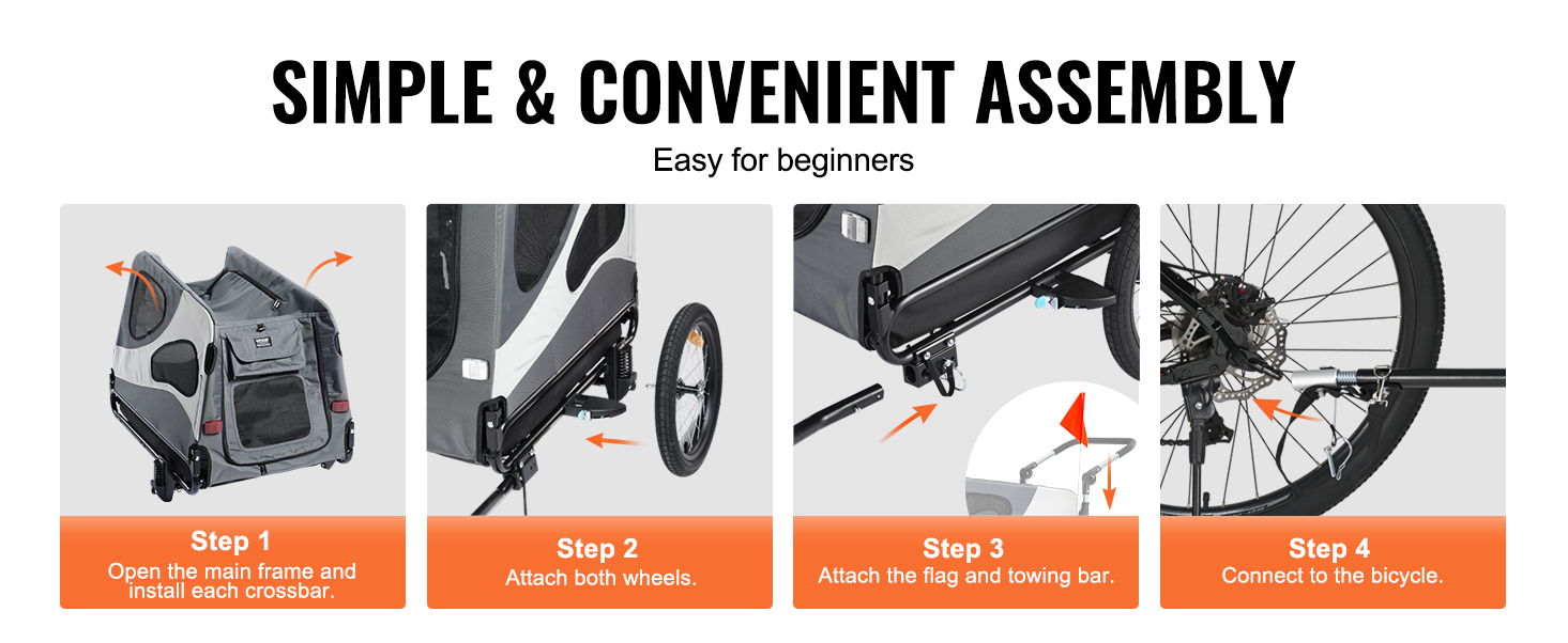 simple assembly steps for the VEVOR dog bike trailer, easy attachment and connection to the bicycle.