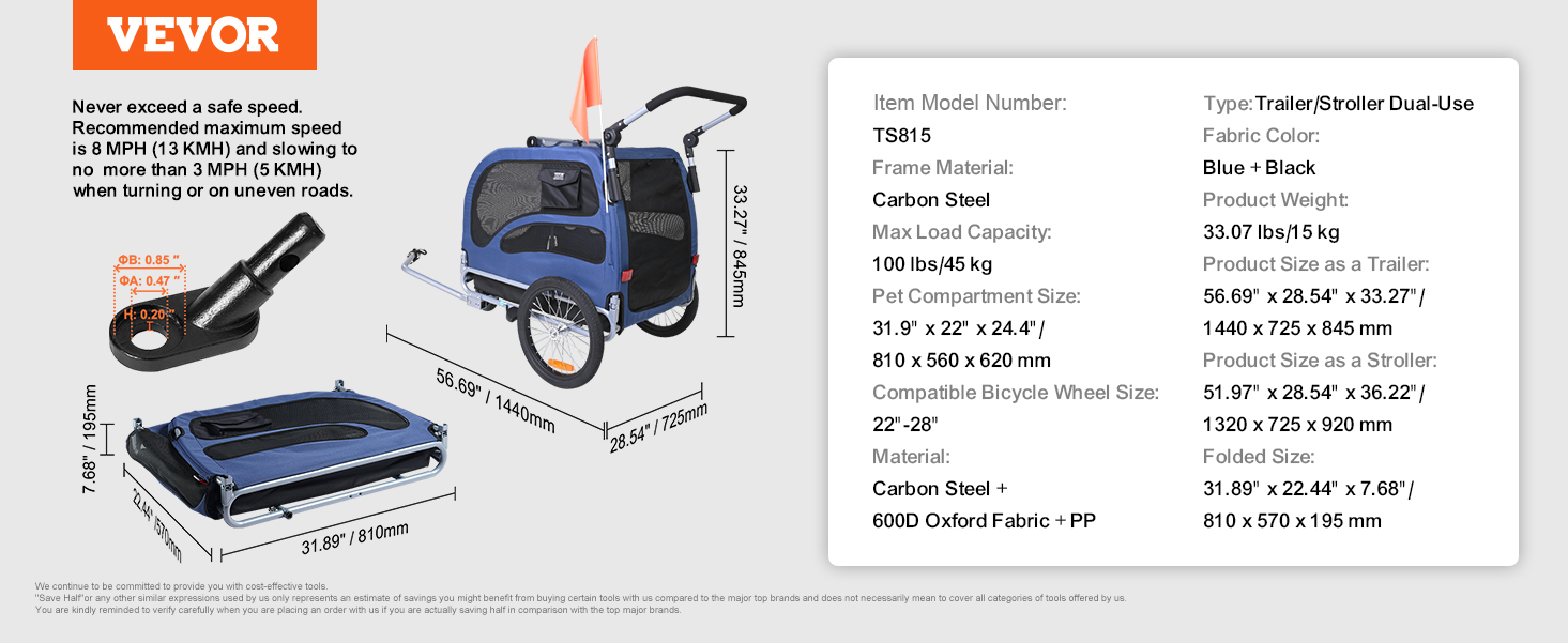 VEVOR suņu velosipēda piekabe ar oglekļa tērauda rāmi, zilā un melnā krāsā, maksimālā slodze 100 lbs, divējāda izmantošana kā bērnu ratiņi.