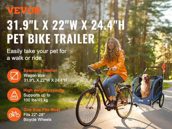 VEVOR suņu velosipēdu piekabe, ietilpīgs interjers, liela svara ietilpība, piemērota 22"-28" velosipēdu riteņiem.