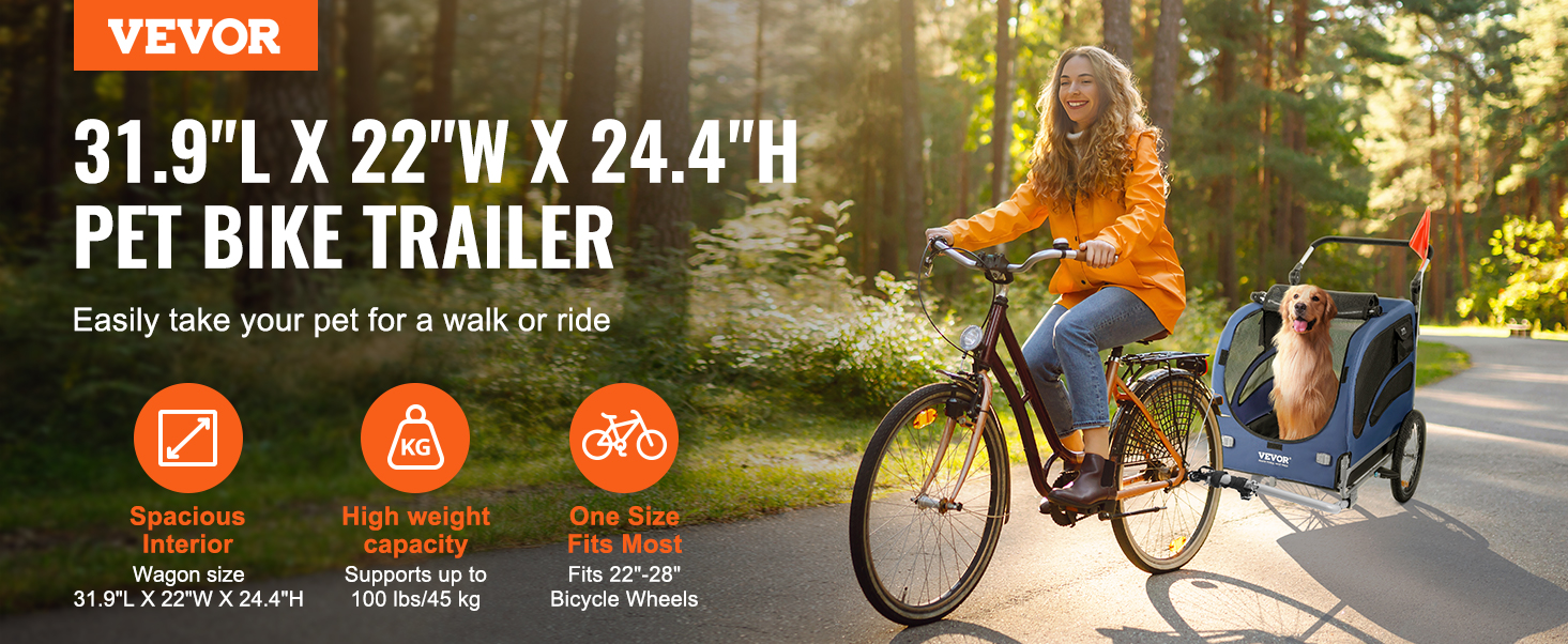 VEVOR suņu velosipēdu piekabe, ietilpīgs interjers, liela svara ietilpība, piemērota 22"-28" velosipēdu riteņiem.