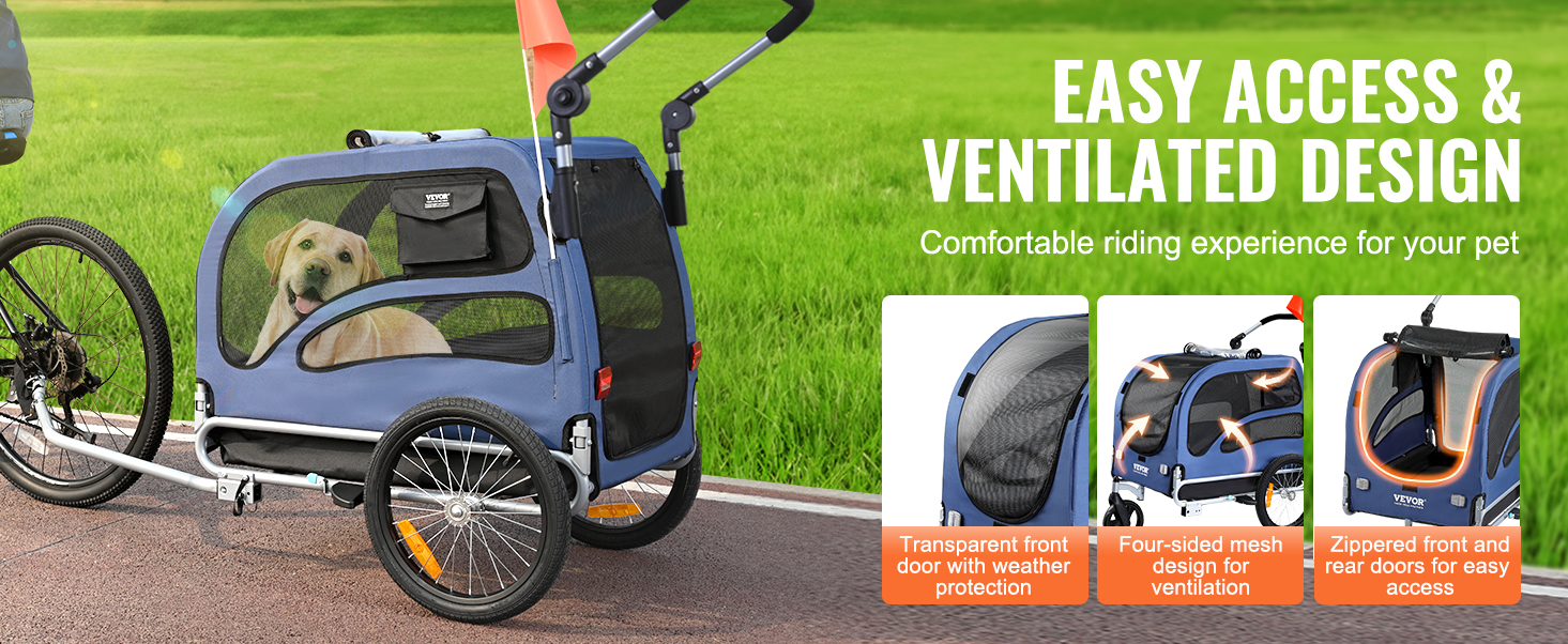 VEVOR suņu velosipēdu piekabe ar režģa ventilāciju, viegli pieejamām durvīm un caurspīdīgiem aizsargpaneļiem pret laikapstākļiem.