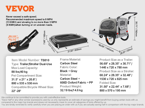 VEVOR dog bike trailer grey with handle and wheels, dimensions highlighted, and product specs detailed.