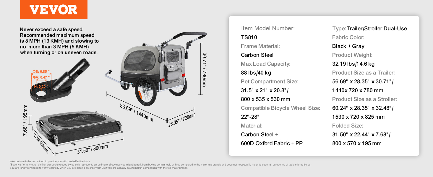 VEVOR dog bike trailer grey with handle and wheels, dimensions highlighted, and product specs detailed.