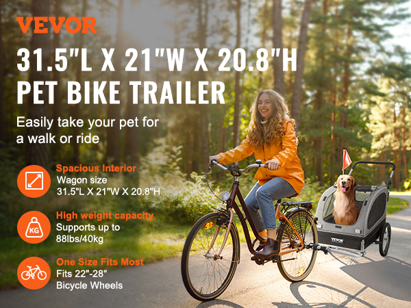 VEVOR dog bike trailer - spacious, high weight capacity pet trailer for 22"-28" bicycle wheels.