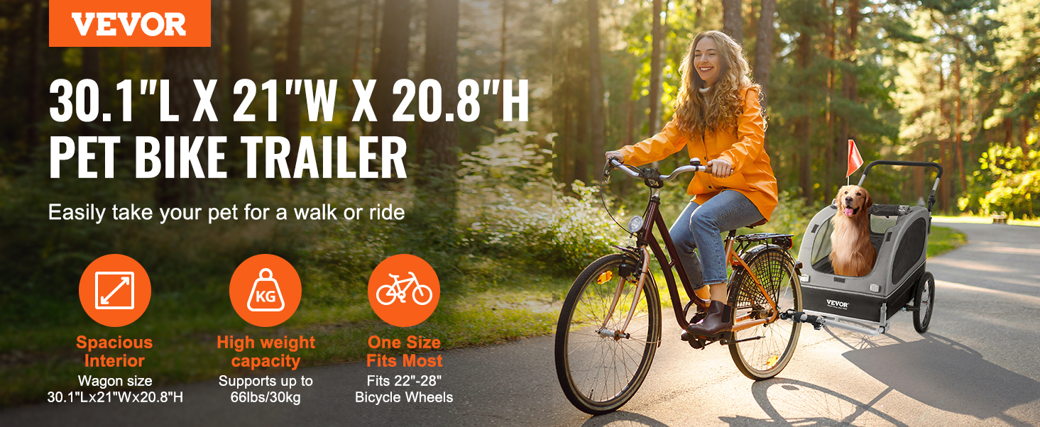 VEVOR dog bike trailer - spacious, high weight capacity pet trailer for 22"-28" bicycle wheels.