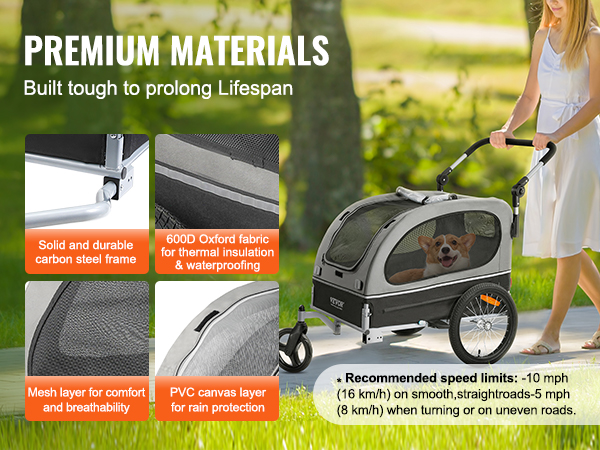 woman walking with VEVOR dog bike trailer featuring mesh windows, durable frame, and breathable fabric.
