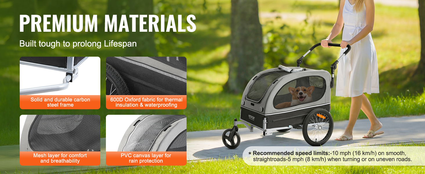 woman walking with VEVOR dog bike trailer featuring mesh windows, durable frame, and breathable fabric.