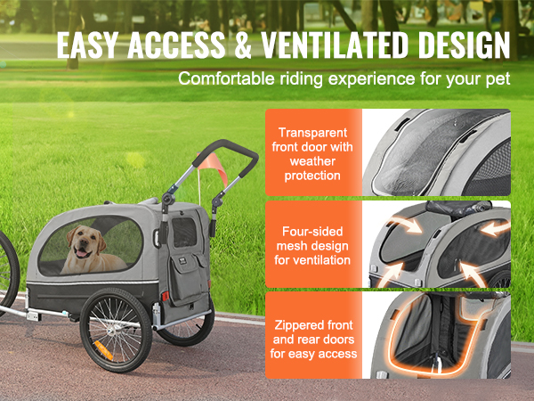 VEVOR dog bike trailer with transparent front door, ventilated mesh design, and zippered access doors.