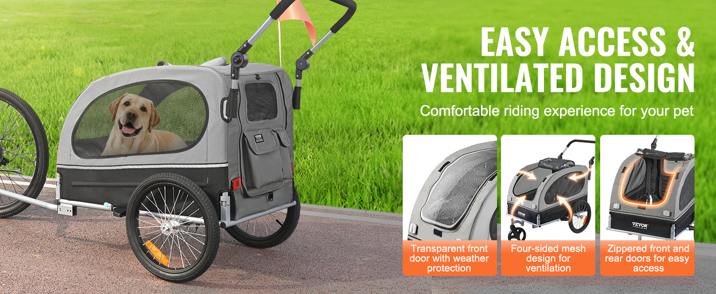 VEVOR dog bike trailer with transparent front door, ventilated mesh design, and zippered access doors.