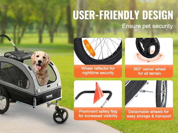 VEVOR dog bike trailer with pet inside, wheel reflector, 360° swivel wheel, safety flag, and detachable wheels.