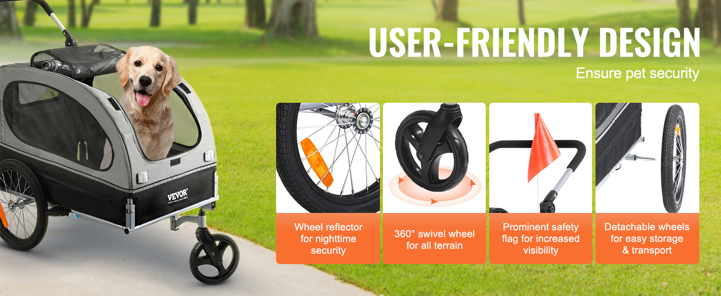 VEVOR dog bike trailer with pet inside, wheel reflector, 360° swivel wheel, safety flag, and detachable wheels.