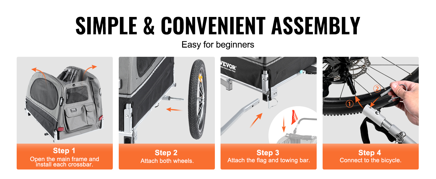 simple assembly guide for VEVOR dog bike trailer. 4 steps for beginners: frame, wheels, towing bar, attach to bike.