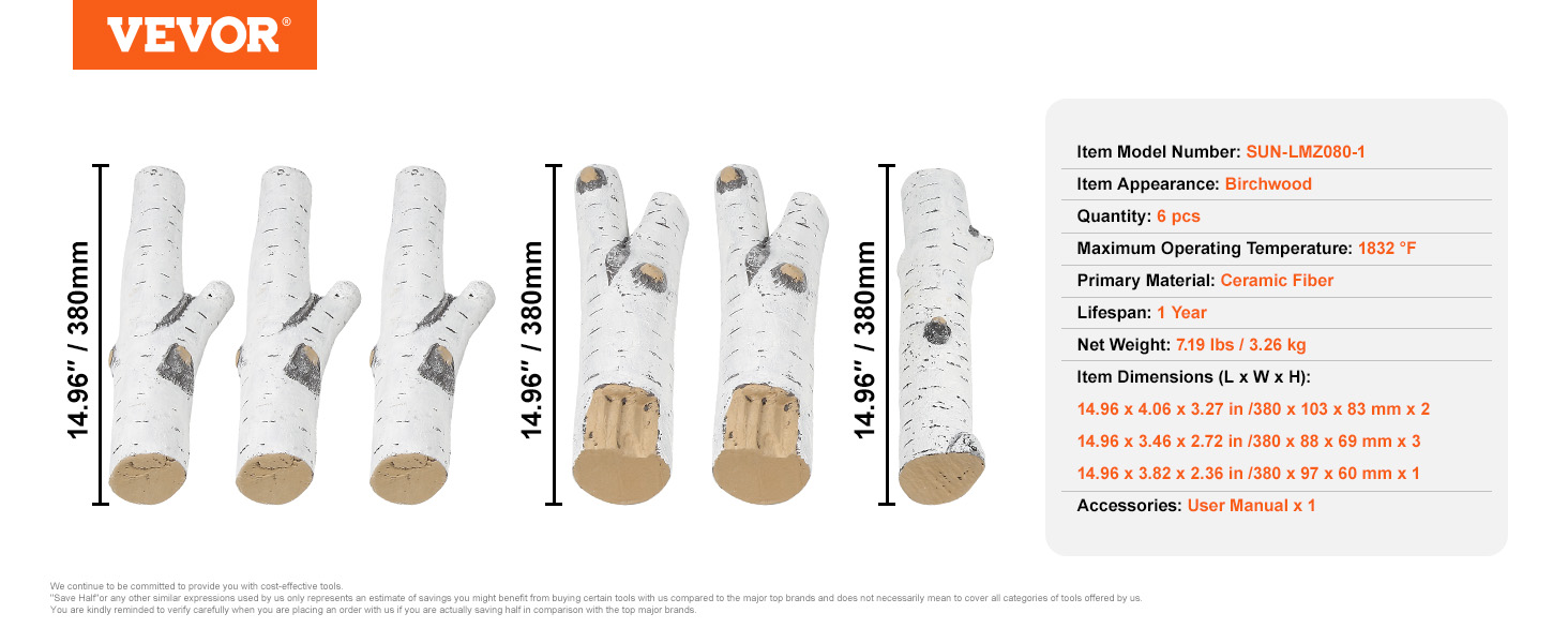 VEVOR fireplace logs, birchwood appearance, ceramic fiber, max temp 1832°f, set of 6, 14.96"/380mm.