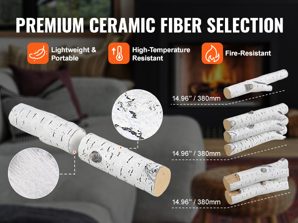 premium VEVOR fireplace logs made of ceramic fiber, lightweight, portable, and high-temperature resistant.