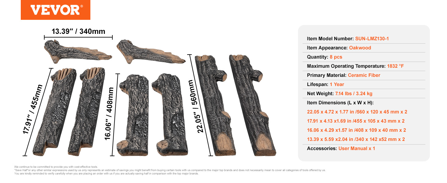 VEVOR gas fireplace ceramic logs set of 8 with oakwood appearance and various sizes up to 22.05" long.