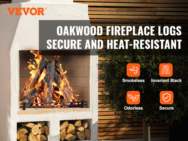 VEVOR gas fireplace ceramic logs showcase, smoky fire, heat-resistant, secure, smokeless features.