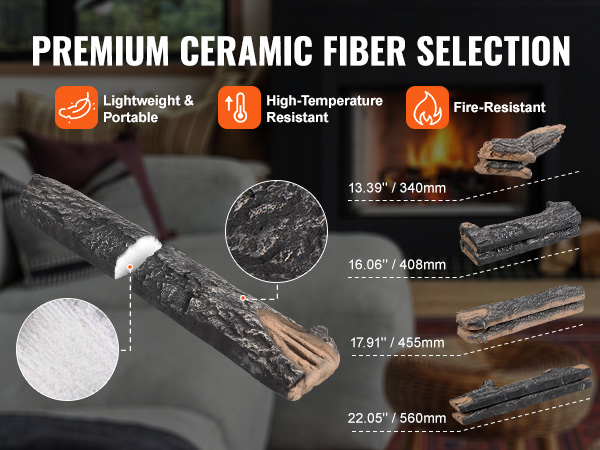 premium ceramic fiber fireplace logs by VEVOR, lightweight, high-temp resistant, sizes 340-560mm.