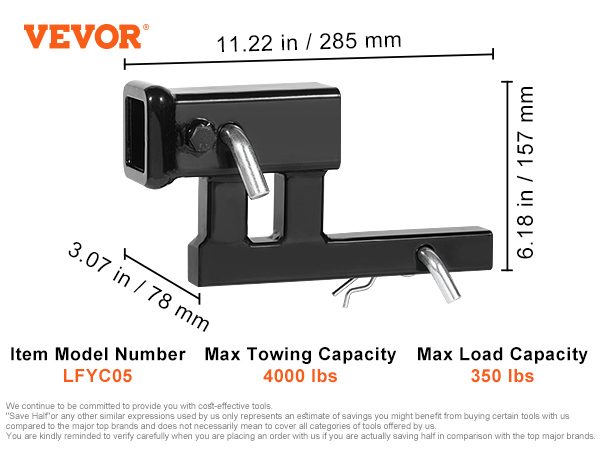 VEVOR hitch adapter with 2" receiver, 1-1/4" hitch size, 350 lbs load capacity, and 4000 lbs towing capacity.