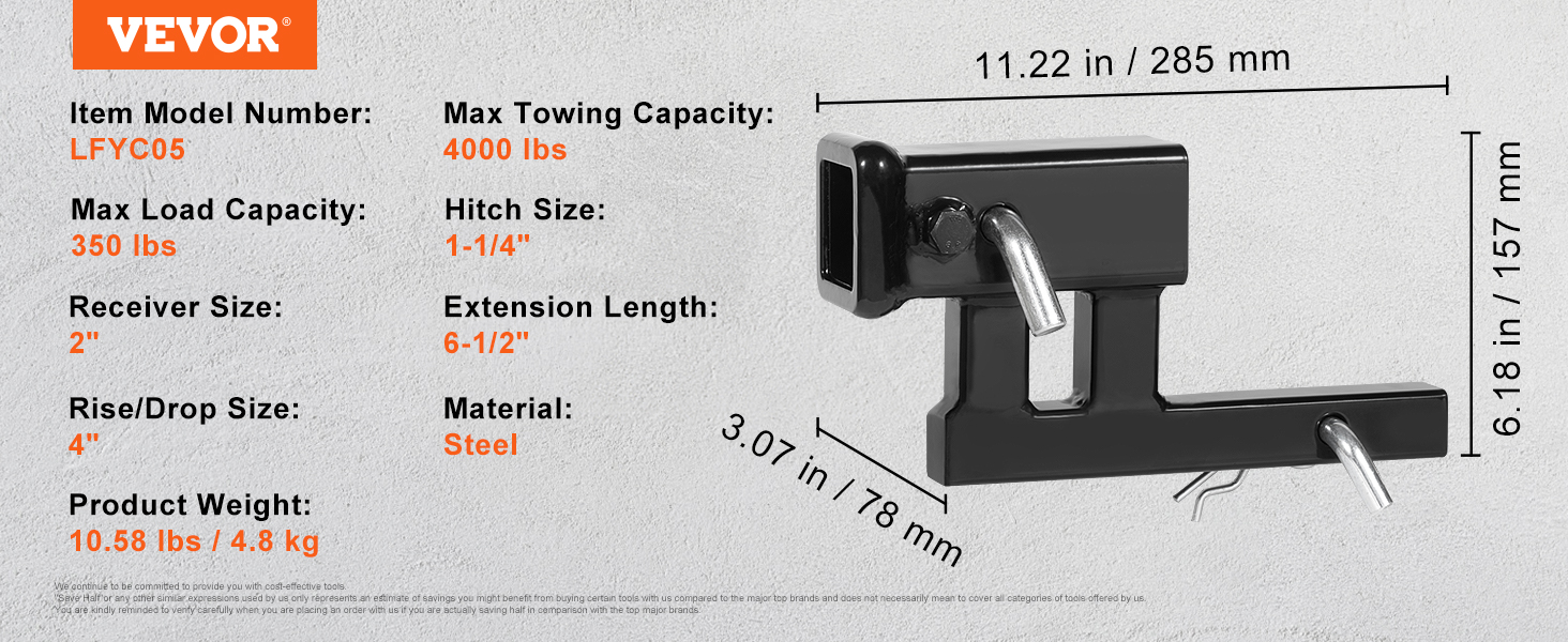 VEVOR hitch adapter with 2" receiver, 1-1/4" hitch size, 350 lbs load capacity, and 4000 lbs towing capacity.