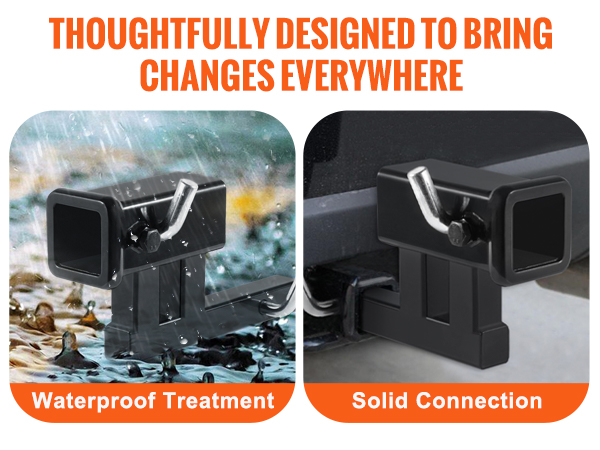 VEVOR hitch adapter: waterproof treatment for harsh environments and solid steel connection for stability.