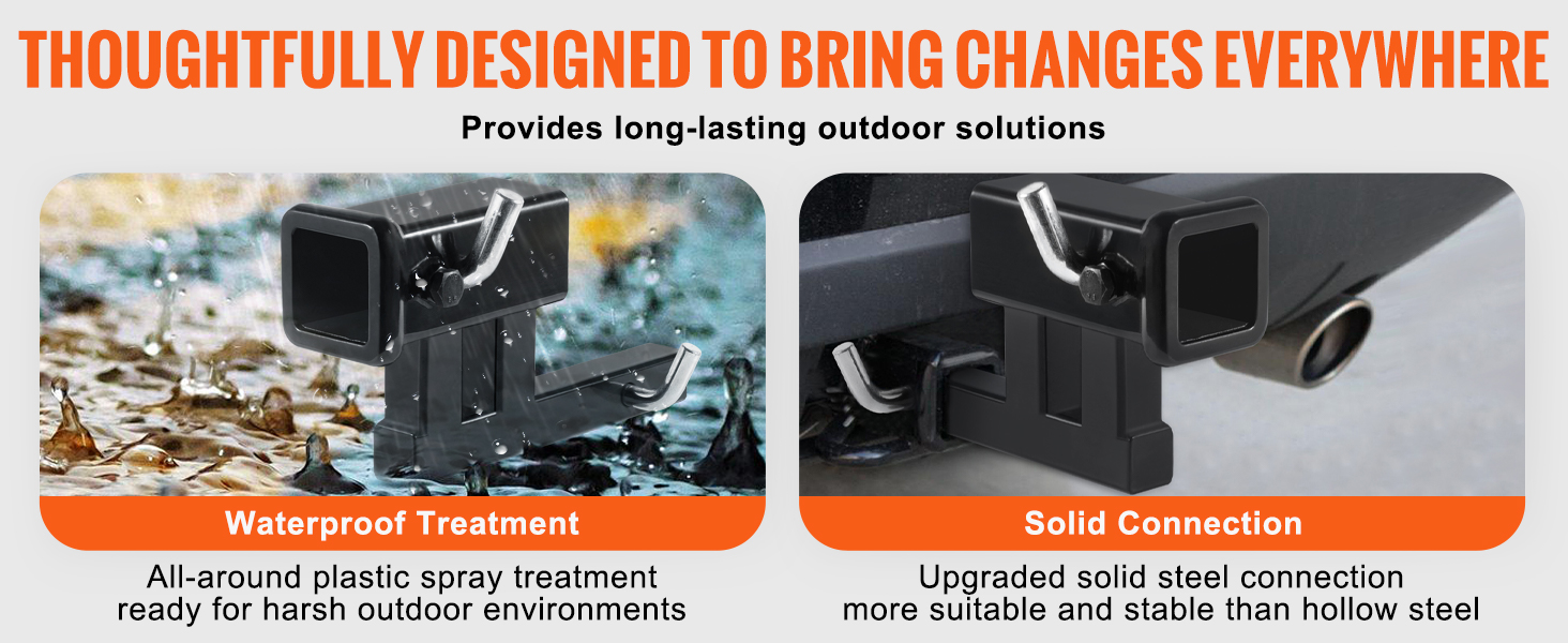 VEVOR hitch adapter: waterproof treatment for harsh environments and solid steel connection for stability.