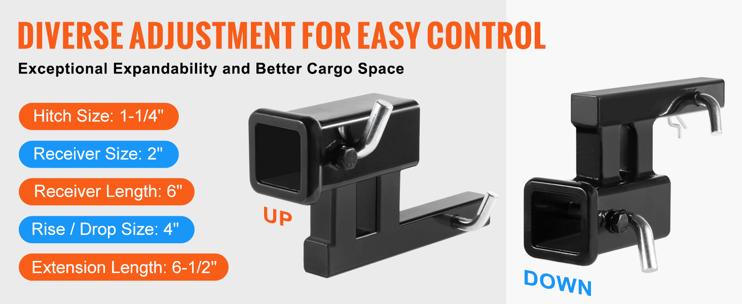 VEVOR hitch adapter for 1-1/4" hitch, 2" receiver, 6" length, 4" rise/drop, 6-1/2" extension length
