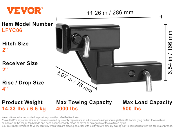 VEVOR trailer hitch riser, 500 lbs load, 4000 lbs towing, 2" hitch, steel material, 4" rise/drop.
