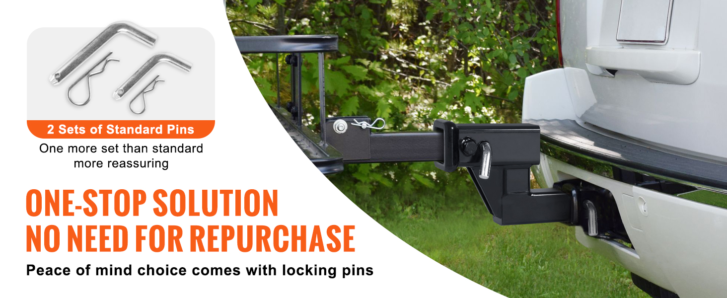 VEVOR trailer hitch riser attached to a vehicle with two sets of standard pins included.