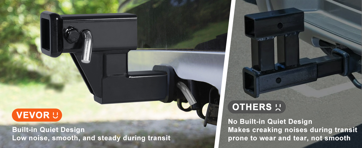 VEVOR trailer hitch riser showcasing a quiet design compared to a noisy competitor's hitch.