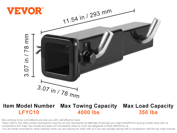 VEVOR trailer hitch extender with 4000 lbs towing capacity, 2-inch receiver, and 7-inch extension length.