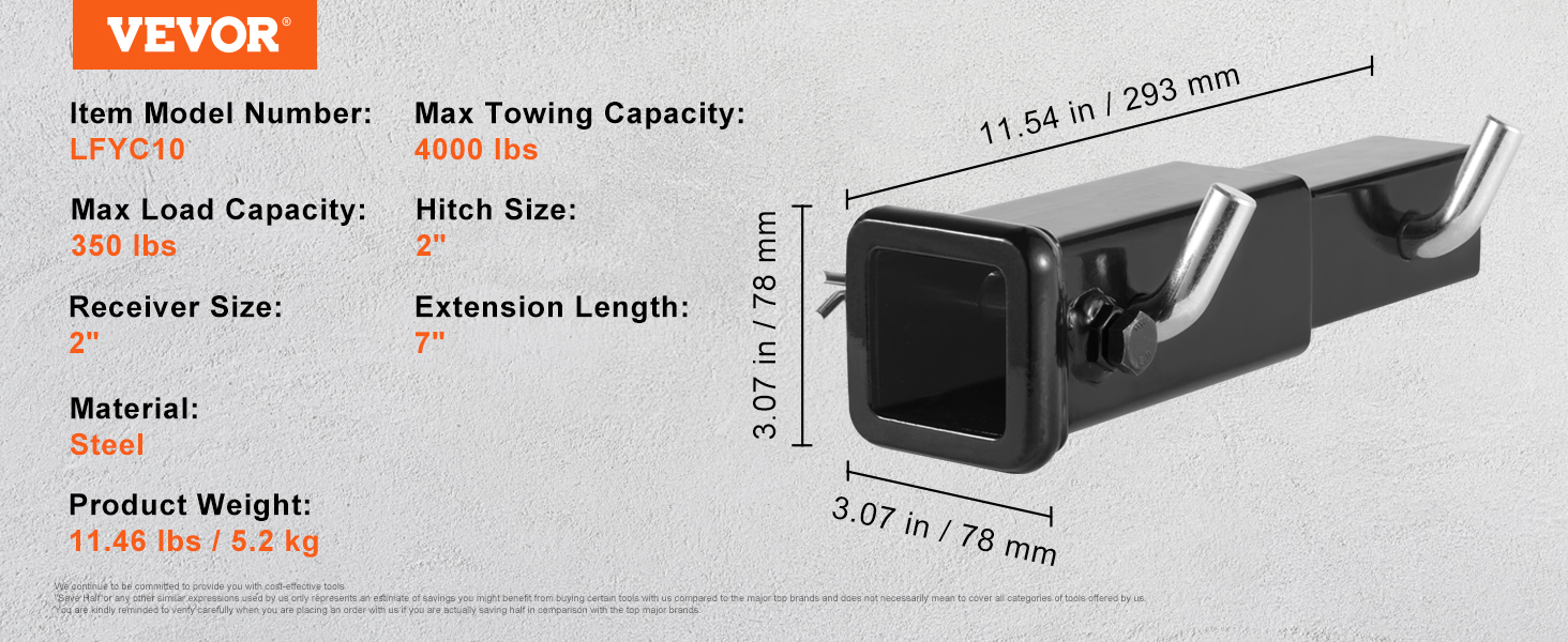 VEVOR trailer hitch extender with 4000 lbs towing capacity, 2-inch receiver, and 7-inch extension length.
