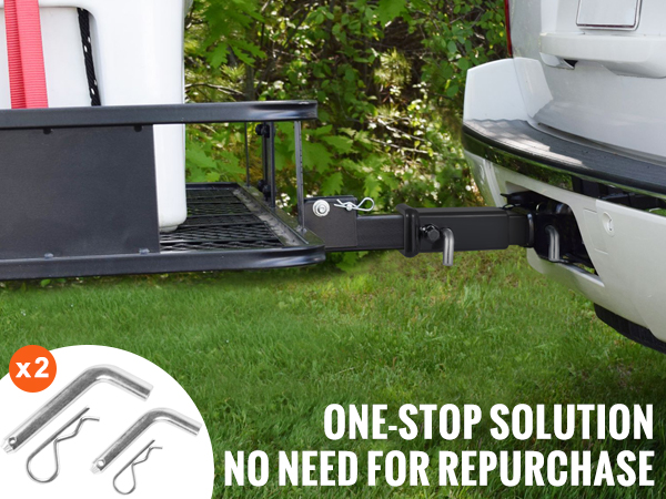 VEVOR trailer hitch extender with two sets of locking pins attached to a vehicle, offering a secure solution.