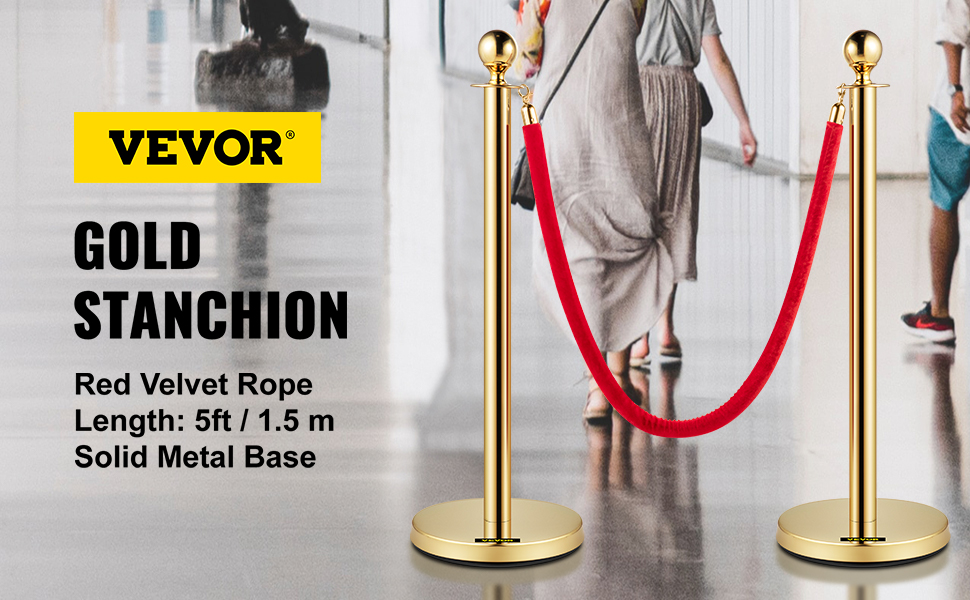 VEVOR velvet ropes and posts in gold with red velvet rope, 5ft length, solid metal base.