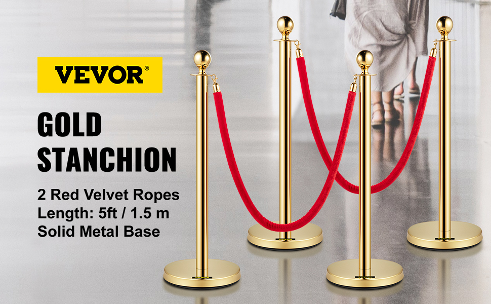 VEVOR gold stanchion with red velvet ropes, solid metal base, 5ft length.