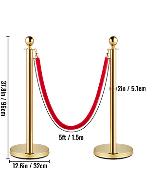 gold stanchions with red velvet rope, VEVOR velvet ropes and posts, dimensions shown.