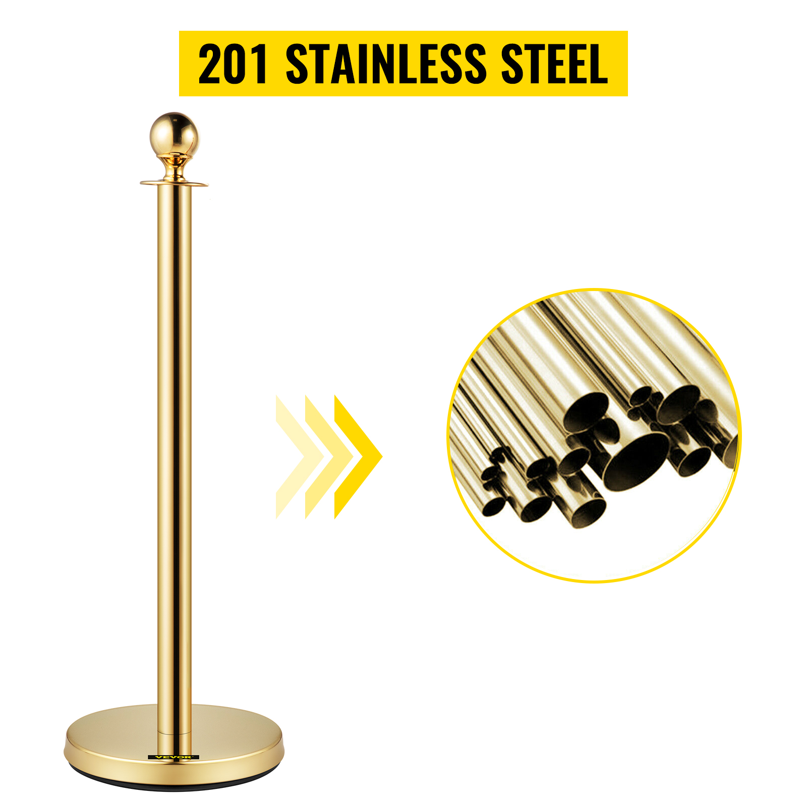 VEVOR velvet ropes and posts, 201 stainless steel, gold finish with a sturdy base.