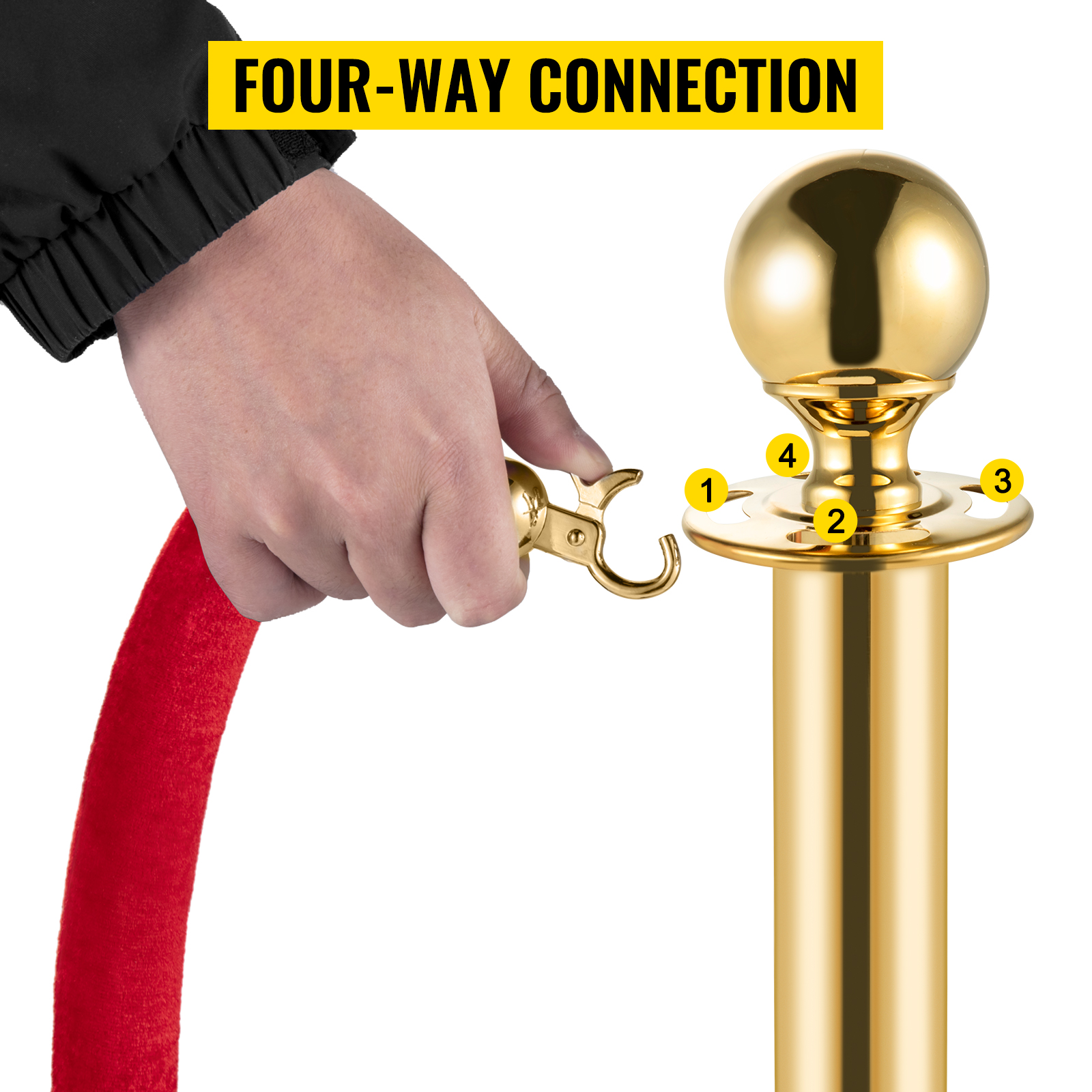 hand attaching VEVOR velvet ropes and posts with gold four-way connection.